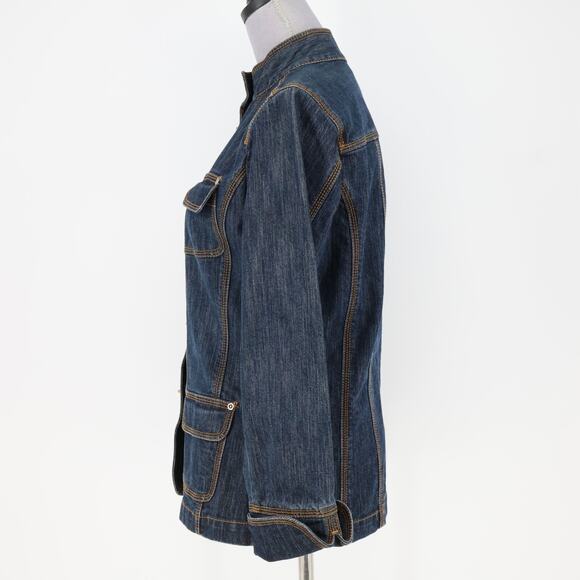Chicos Denim Jacket 0 Womens Small Blue Military Stretch Cotton Pockets Toggles - Picture 15 of 16